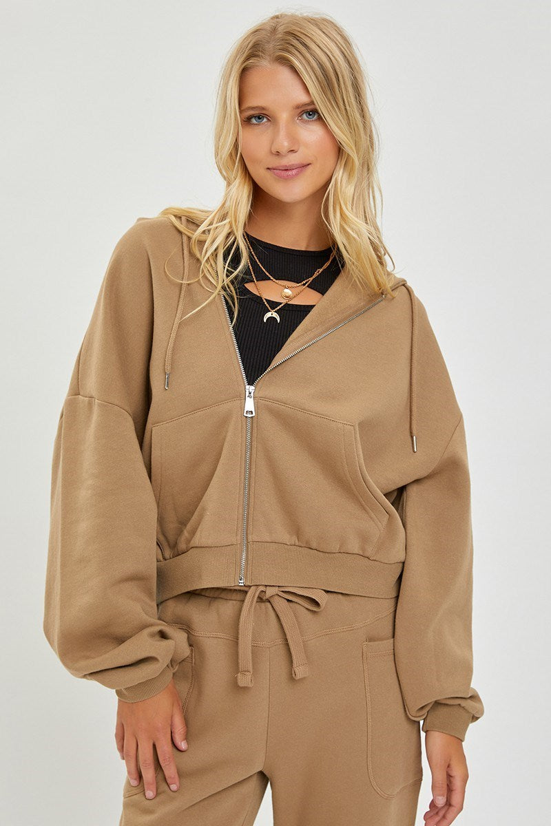 Oversized Balloon Sleeve Full Zip Hoodie/Mocha