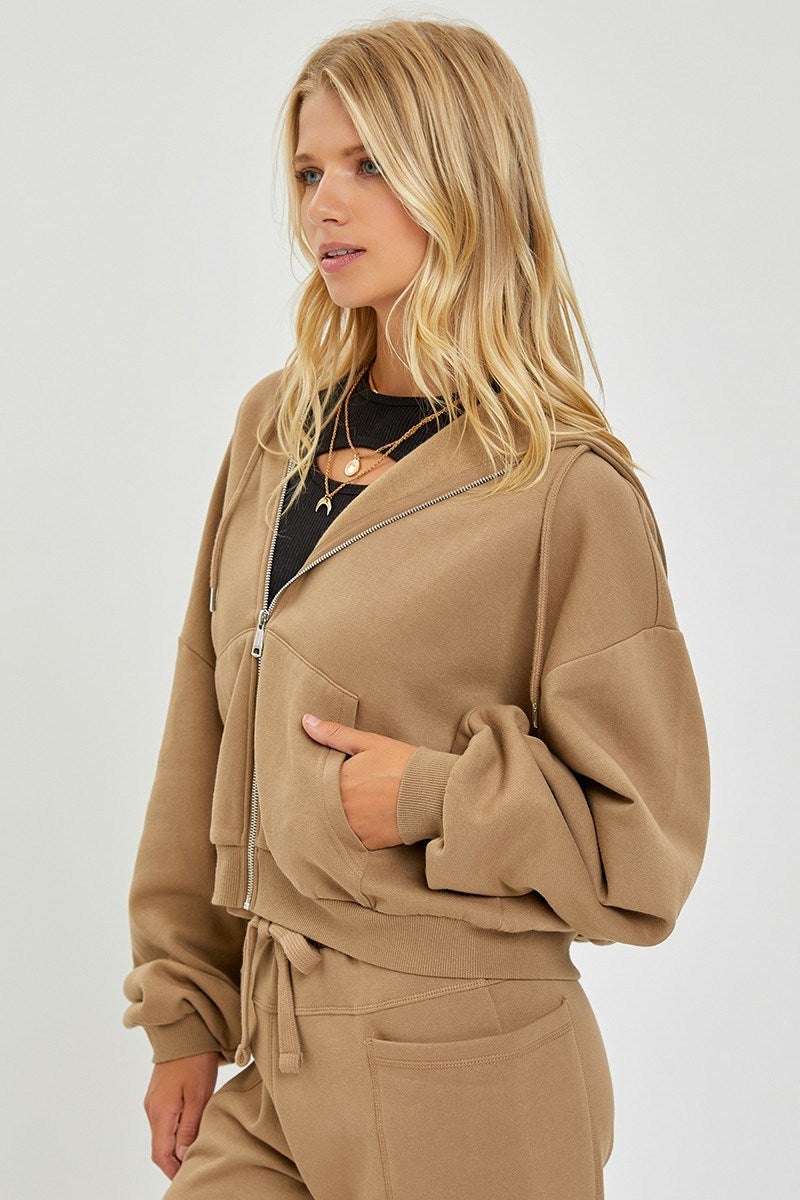 Oversized Balloon Sleeve Full Zip Hoodie/Mocha