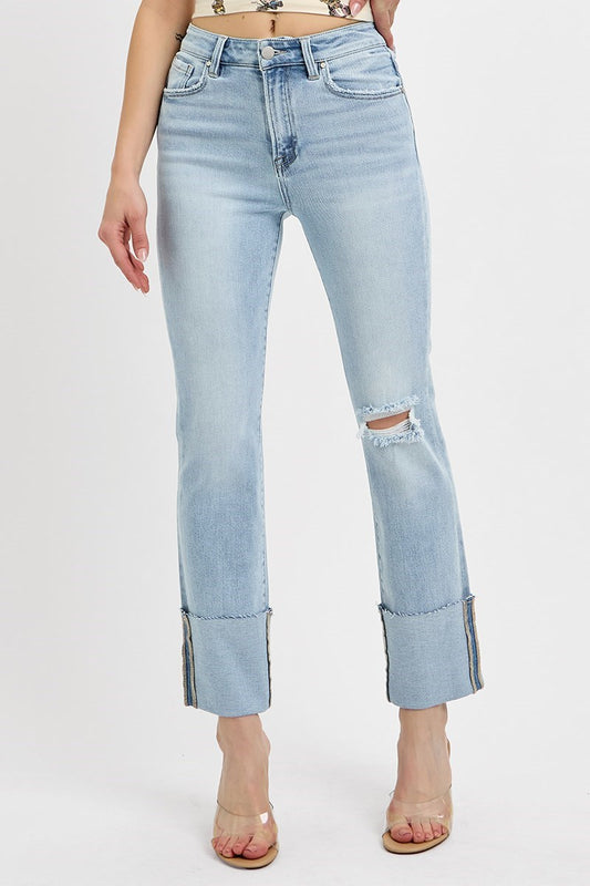 High Rise Ankle Straight Cuffed Jeans