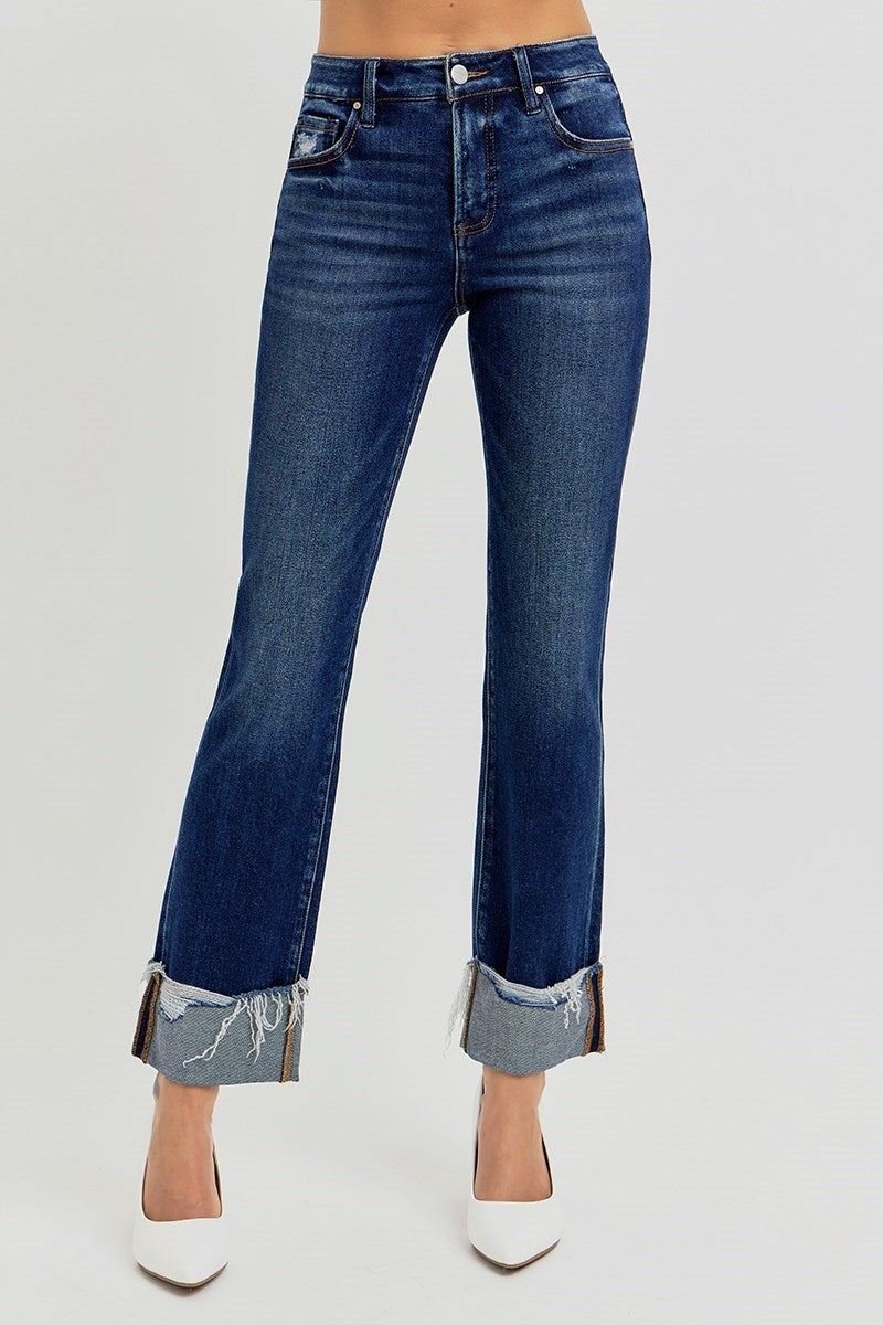 Risen high rise crop straight cuffed jeans