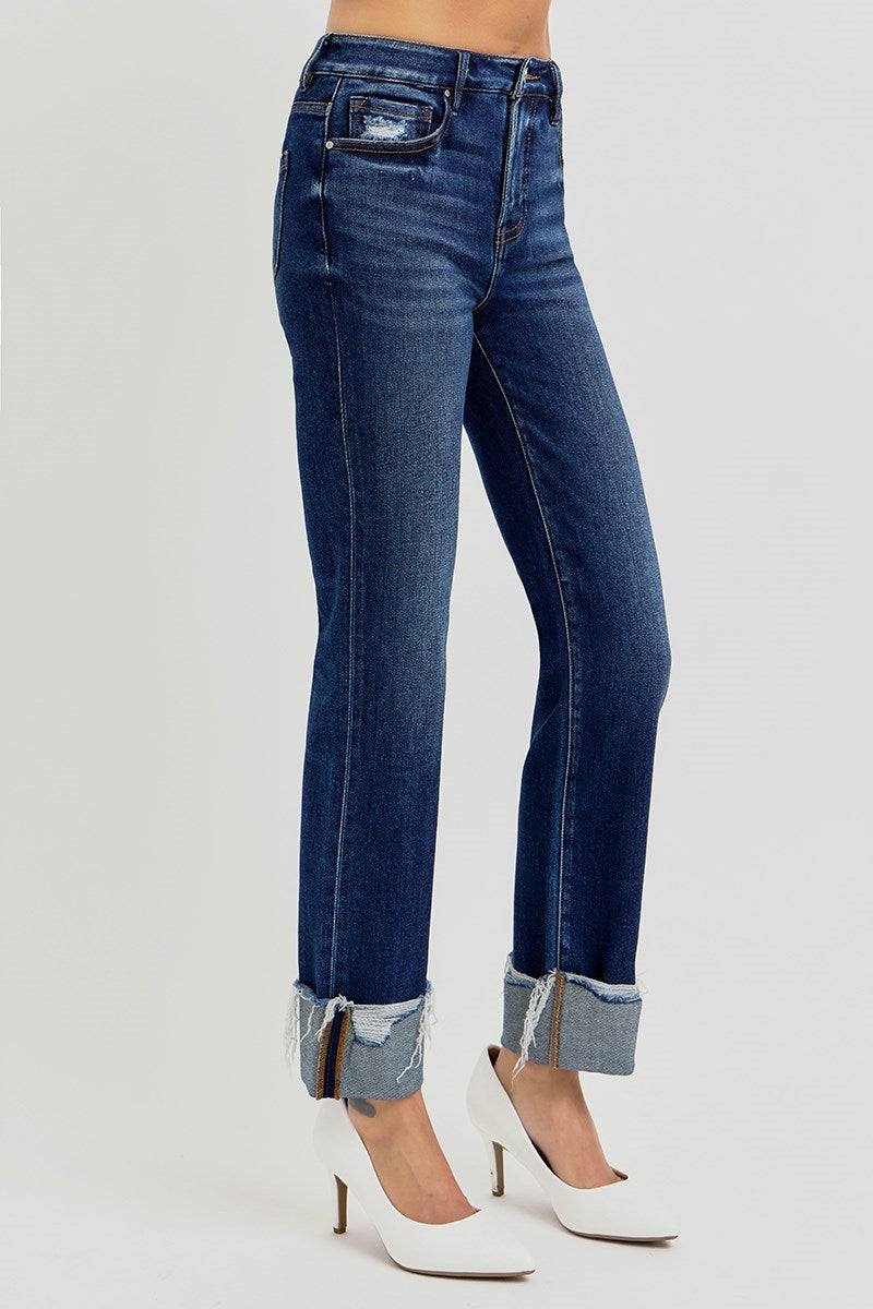 Risen high rise crop straight cuffed jeans