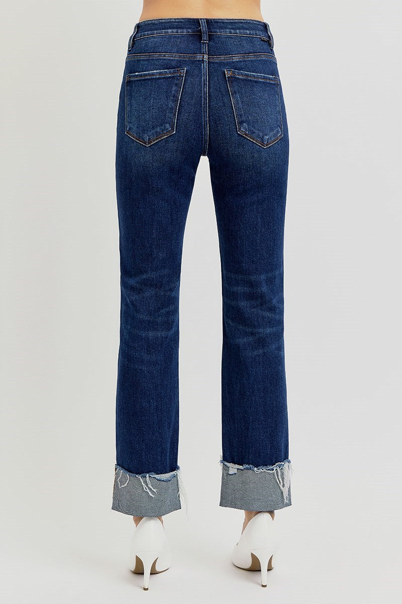 Risen high rise crop straight cuffed jeans