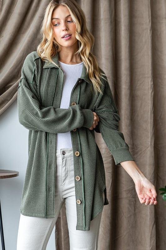 Ribbed Button Down/Olive Green