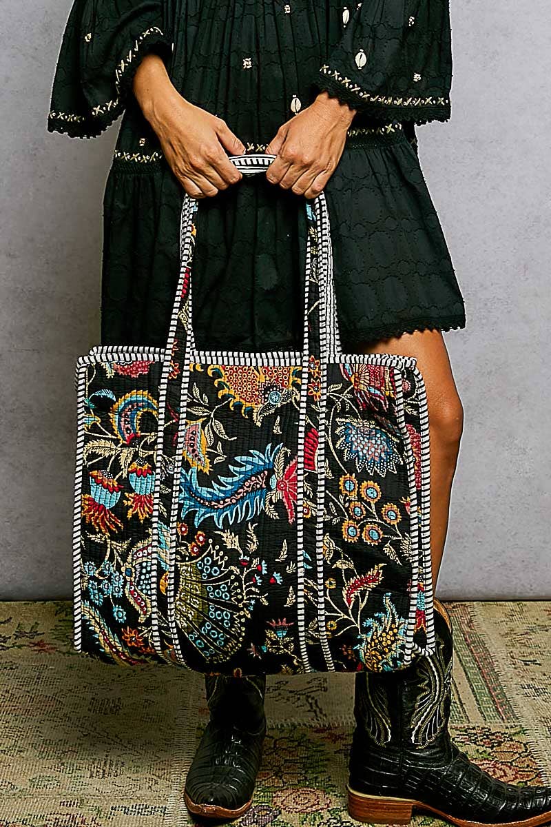 Quilted Tote Bag: BLACK MULTI
