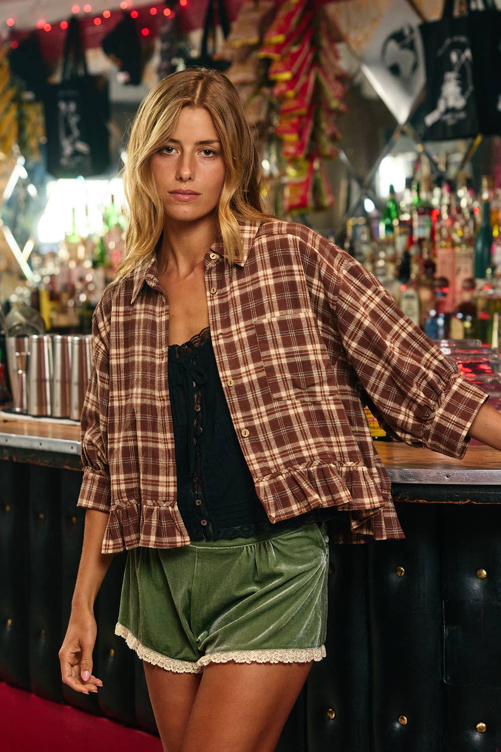 Plaid Ruffle Hemline Button Up/Brown