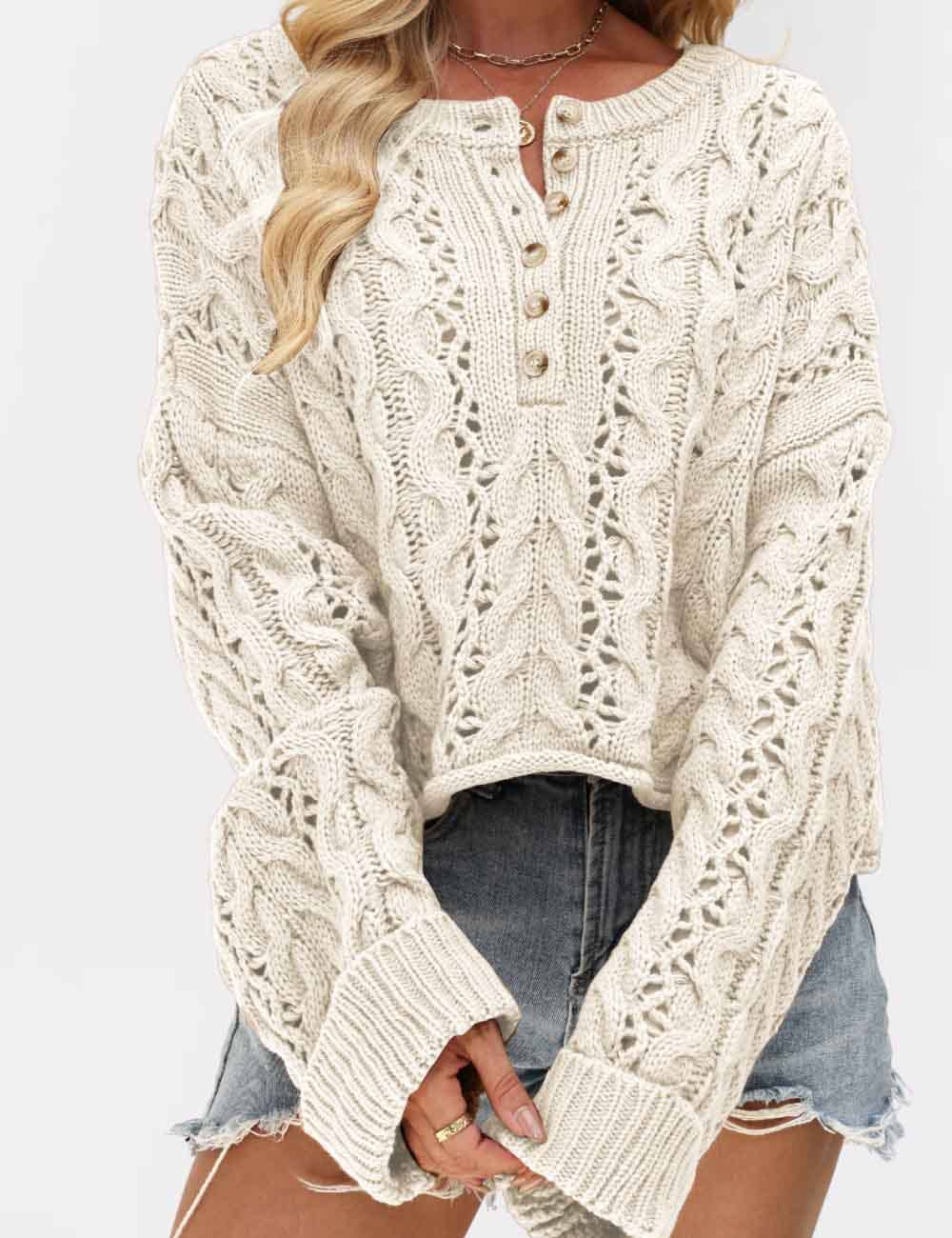Cable Knit 1/4 Button Sweater/Eggshell