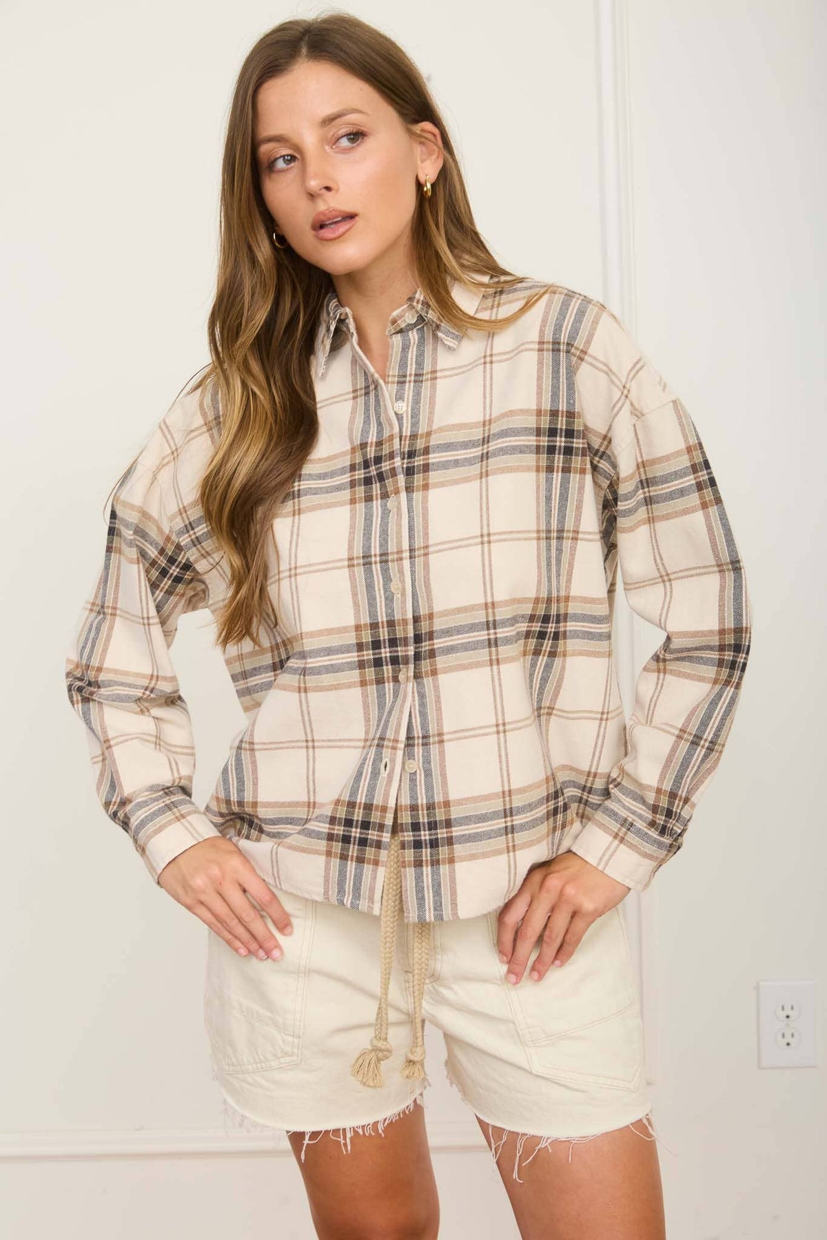 BOXY FLANNEL BUTTON DOWN/CREAM KHAKI