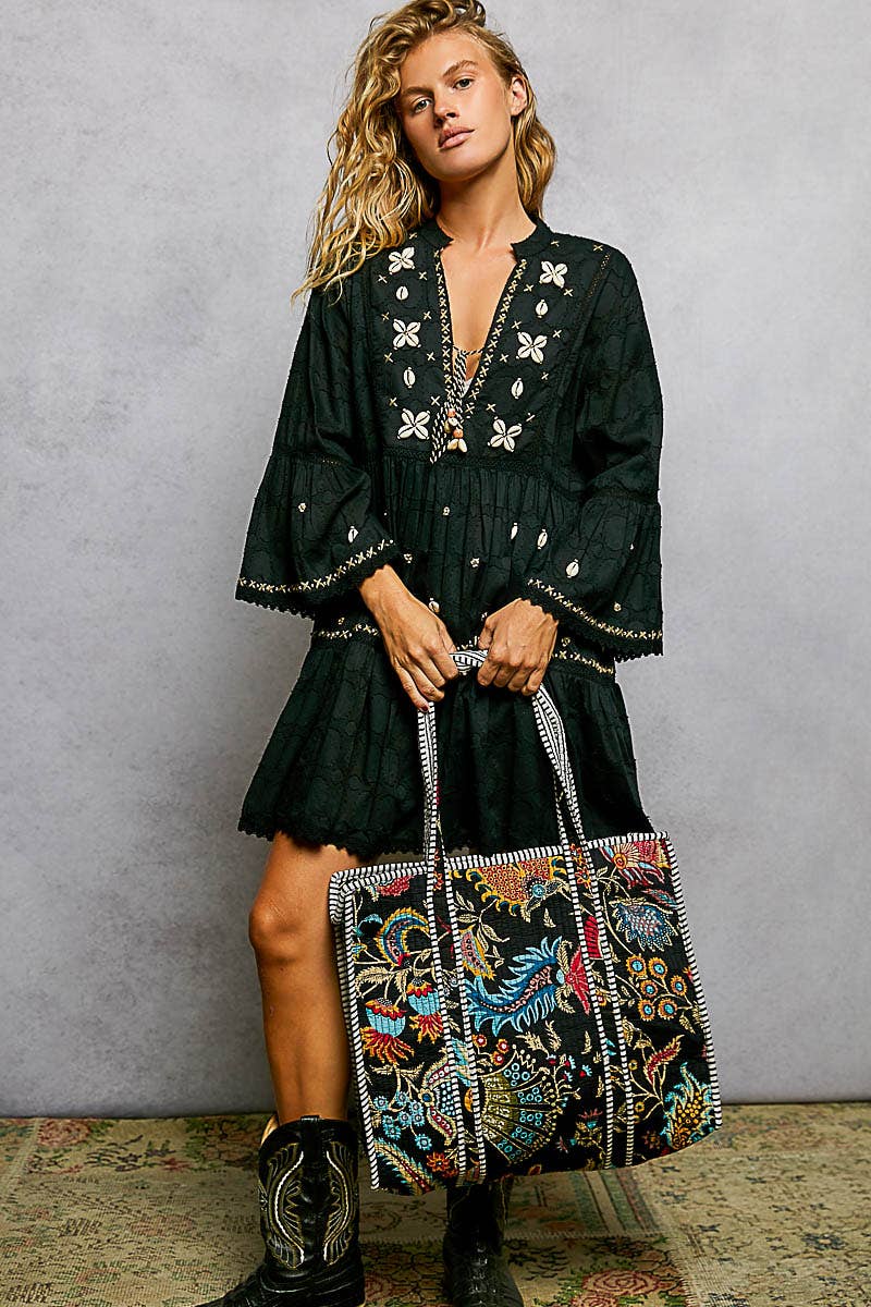 Quilted Tote Bag: BLACK MULTI