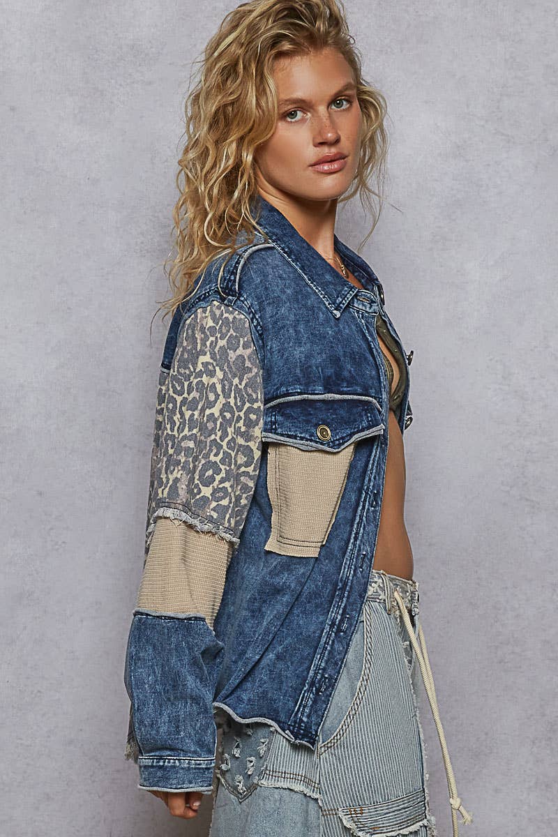 Denim Contrast Animal Print Jacket