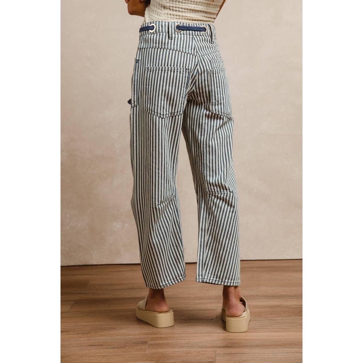 STRIPED TWILL BARREL PANTS/Navy