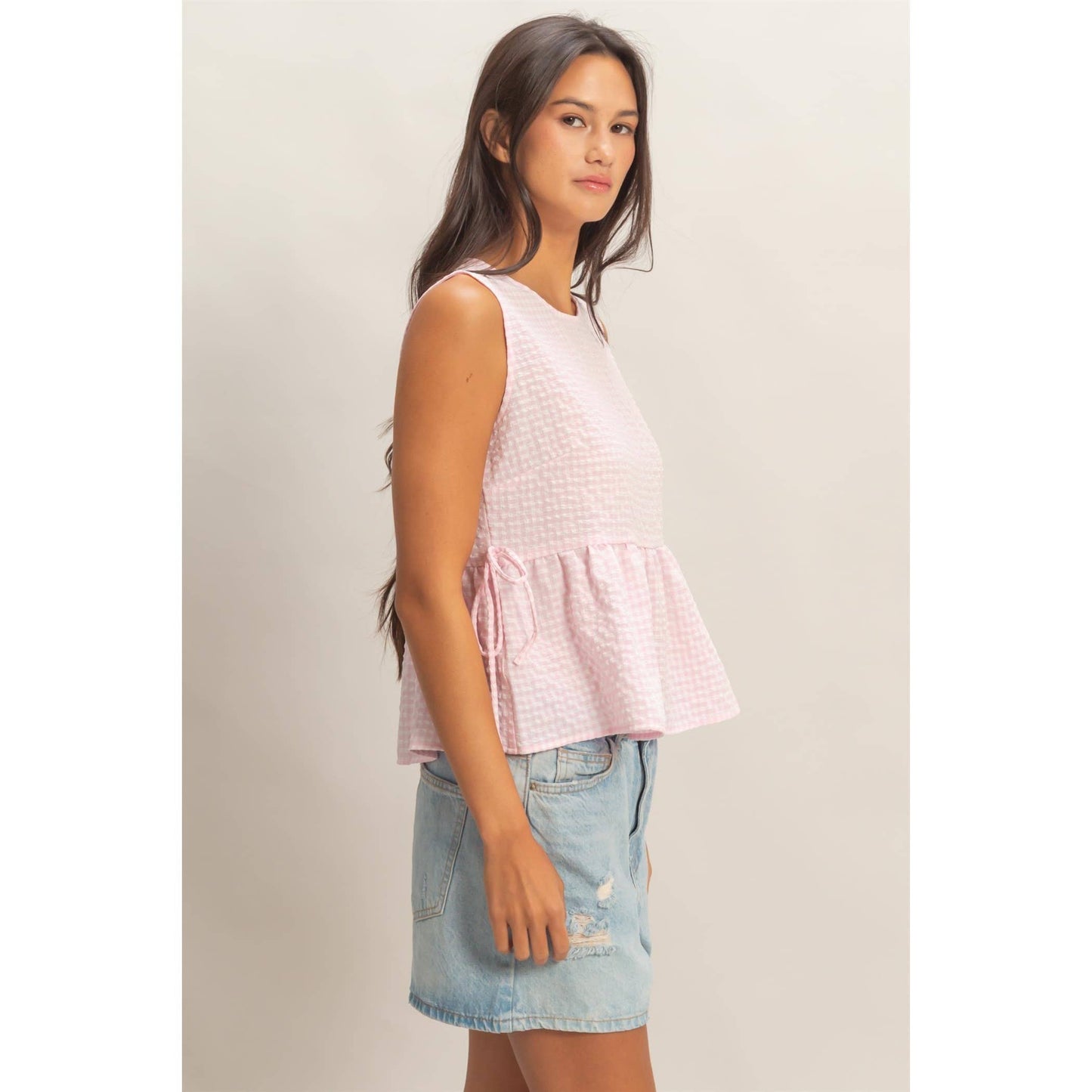 Gingham Sleeveless Peplum Top/pink