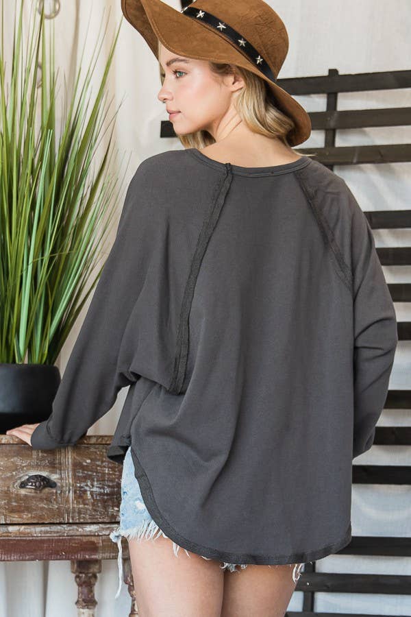 T1139-1 Solid Long Sleeves Round Hem Detailed Loose Fit Top: Charcoal / S-M-L (2-2-2)