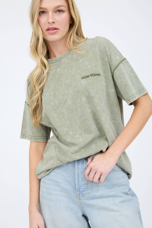 GOOD VIBES WASHED OLIVE TEE