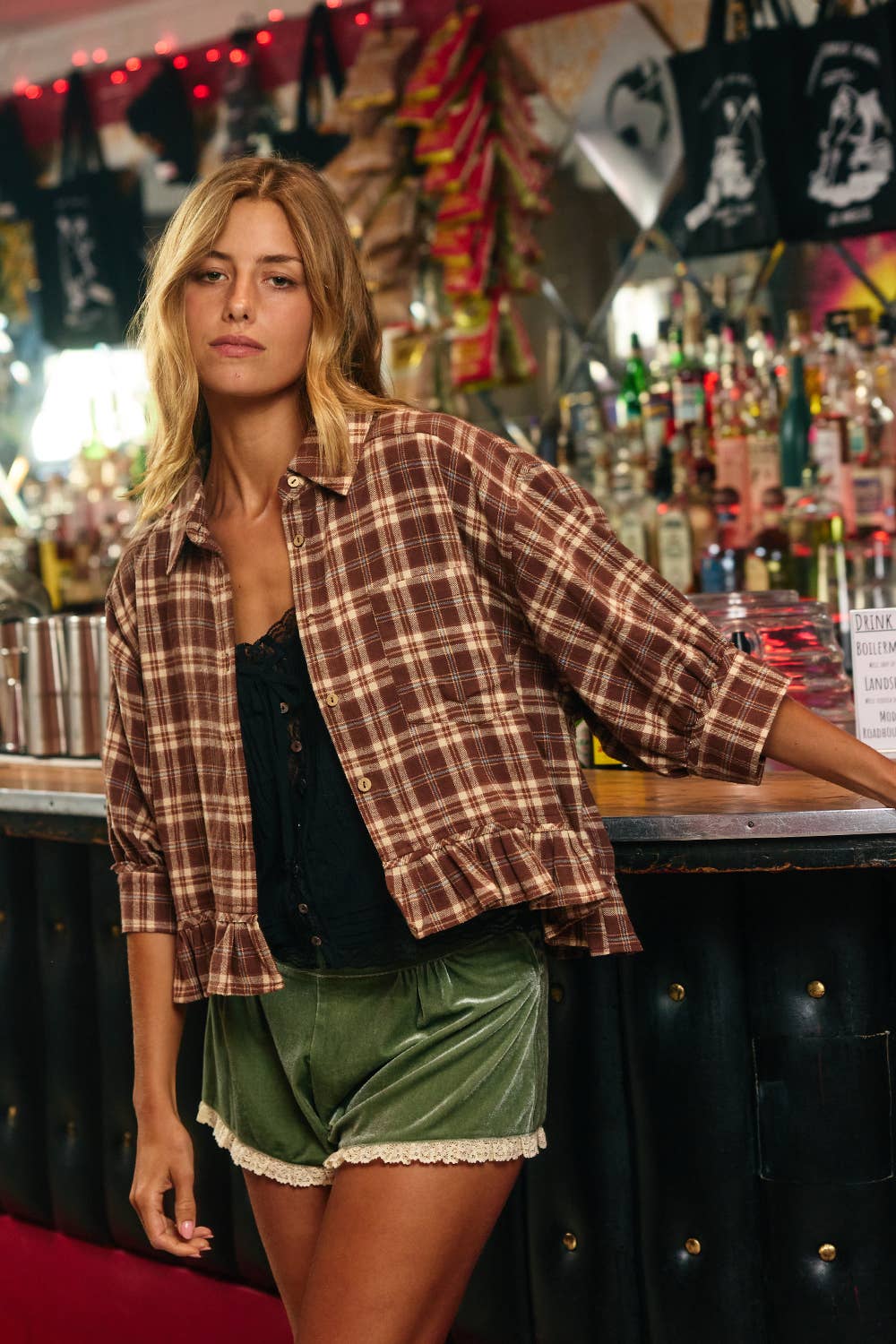 Plaid Ruffle Hemline Button Up/Brown