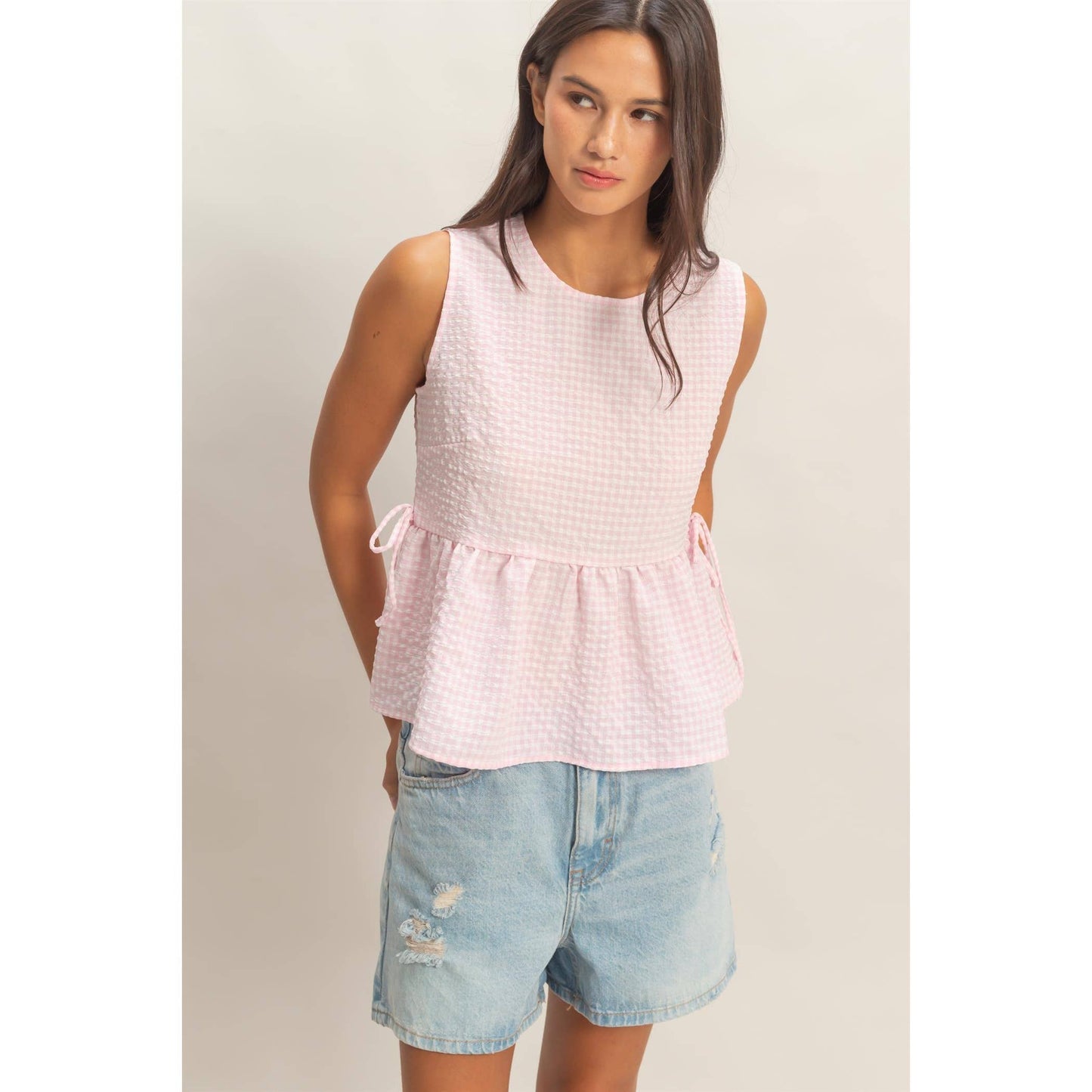 Gingham Sleeveless Peplum Top/pink