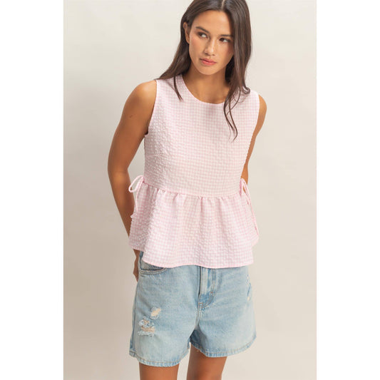 Gingham Sleeveless Peplum Top/pink