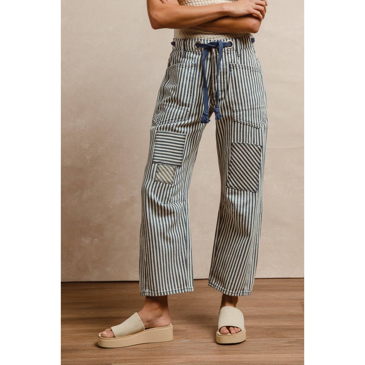 STRIPED TWILL BARREL PANTS/Navy