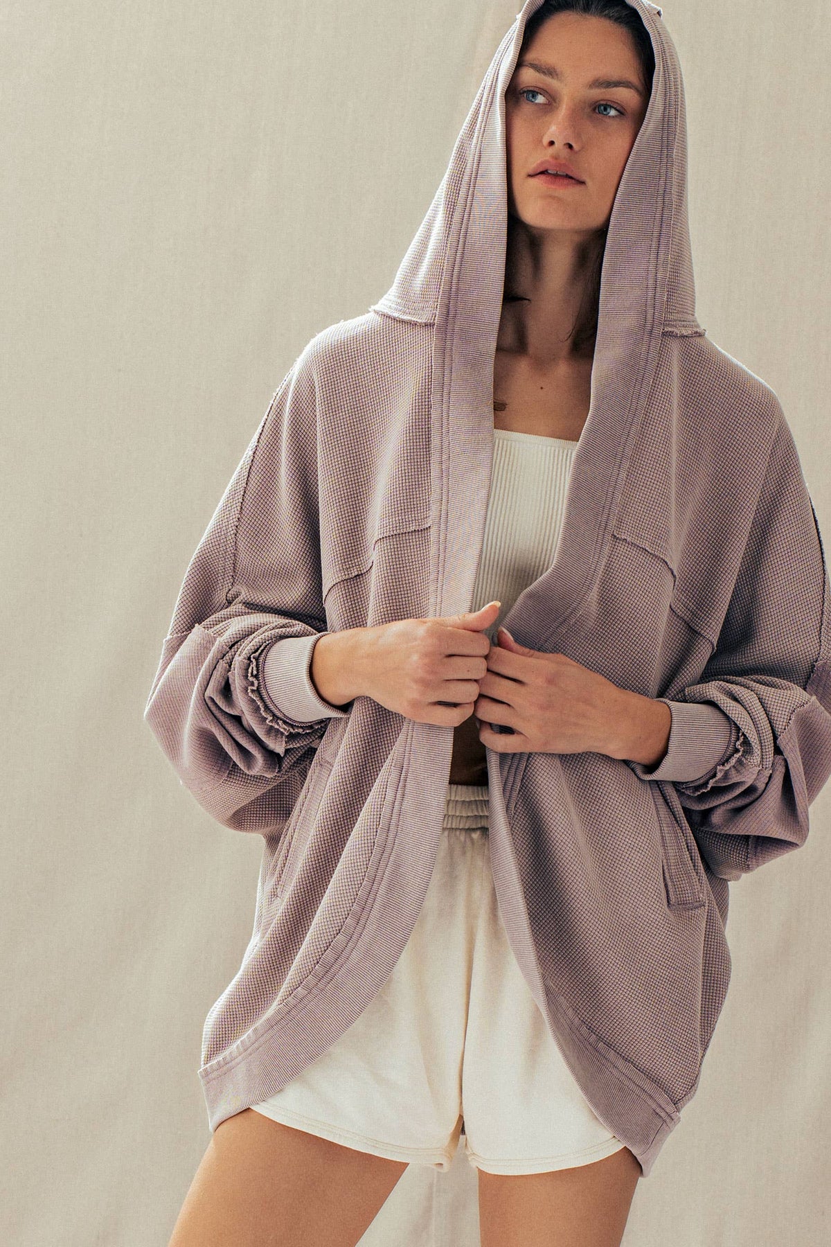 Waffle Knit Hooded Cardigan/Washed Lilac