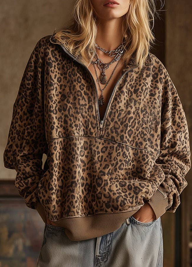 Leopard Half Zip Oversized Pullover