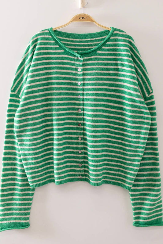 Button Down Stripe Sweater/Kelly Green