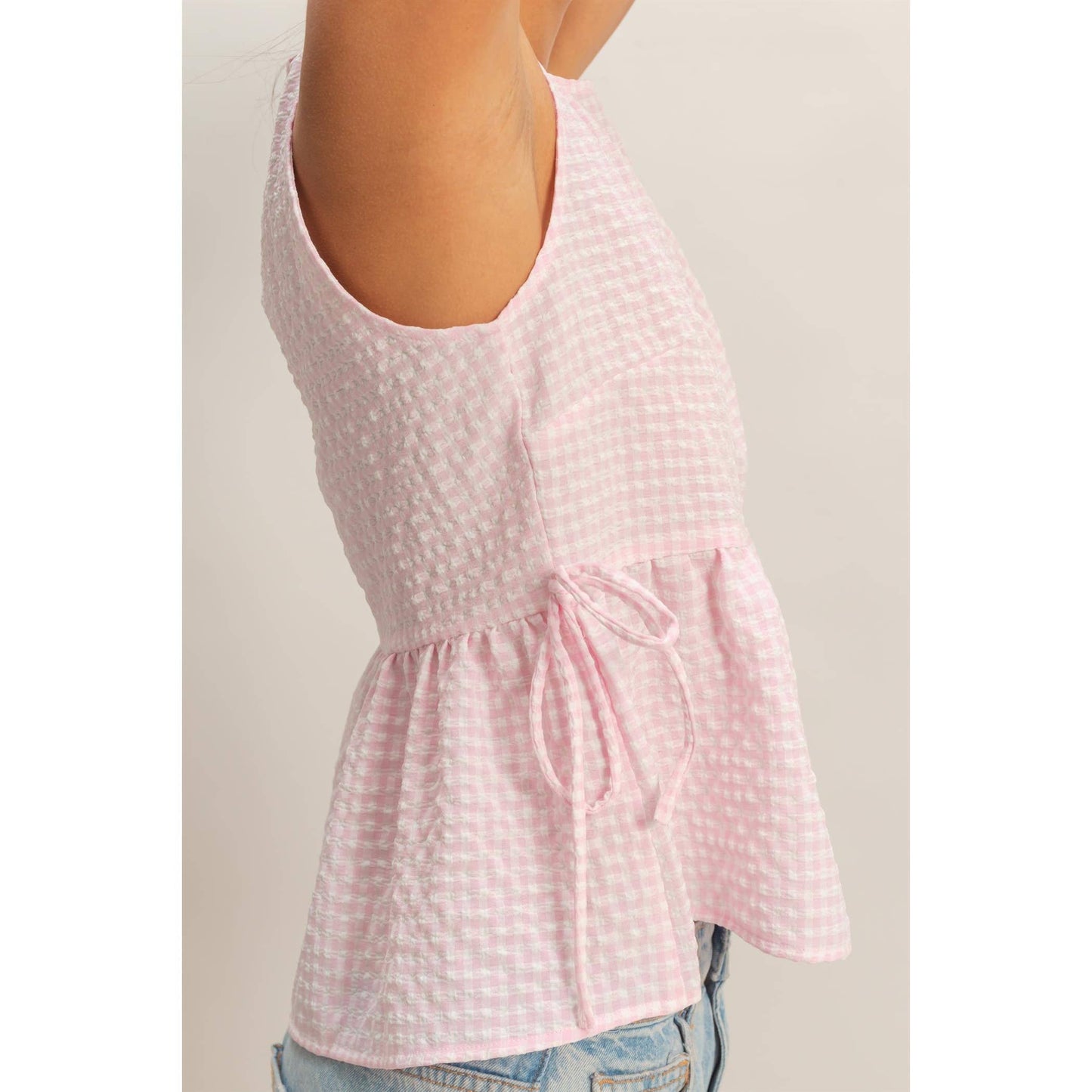 Gingham Sleeveless Peplum Top/pink