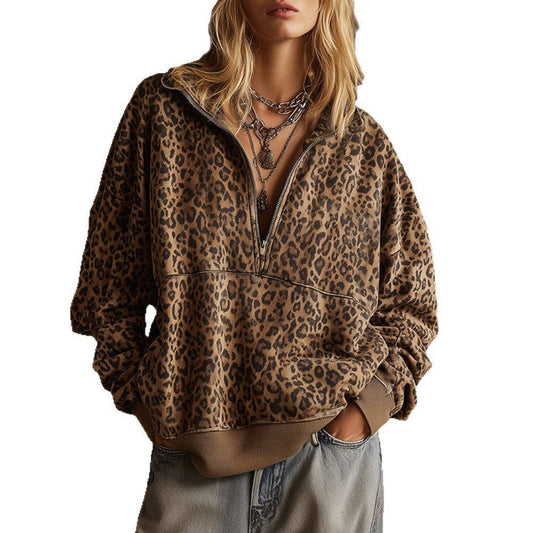 Leopard Half Zip Oversized Pullover