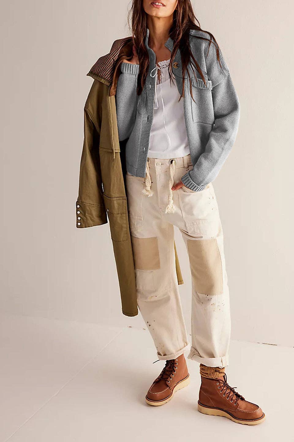 Stand Collar Button Cardigan/Grey