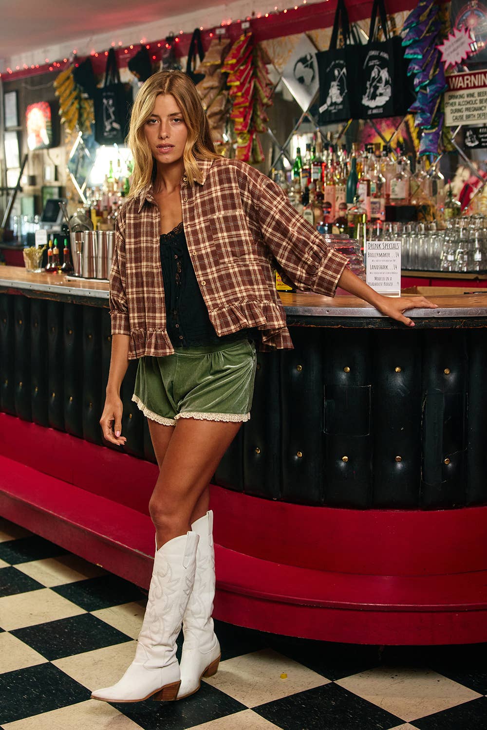 Plaid Ruffle Hemline Button Up/Brown