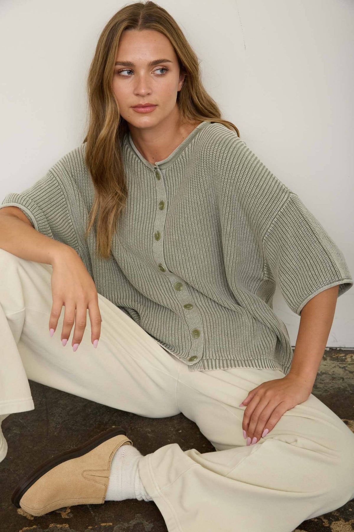 Button Down Short Sleeve Cardigan/LIGHT OLIVE