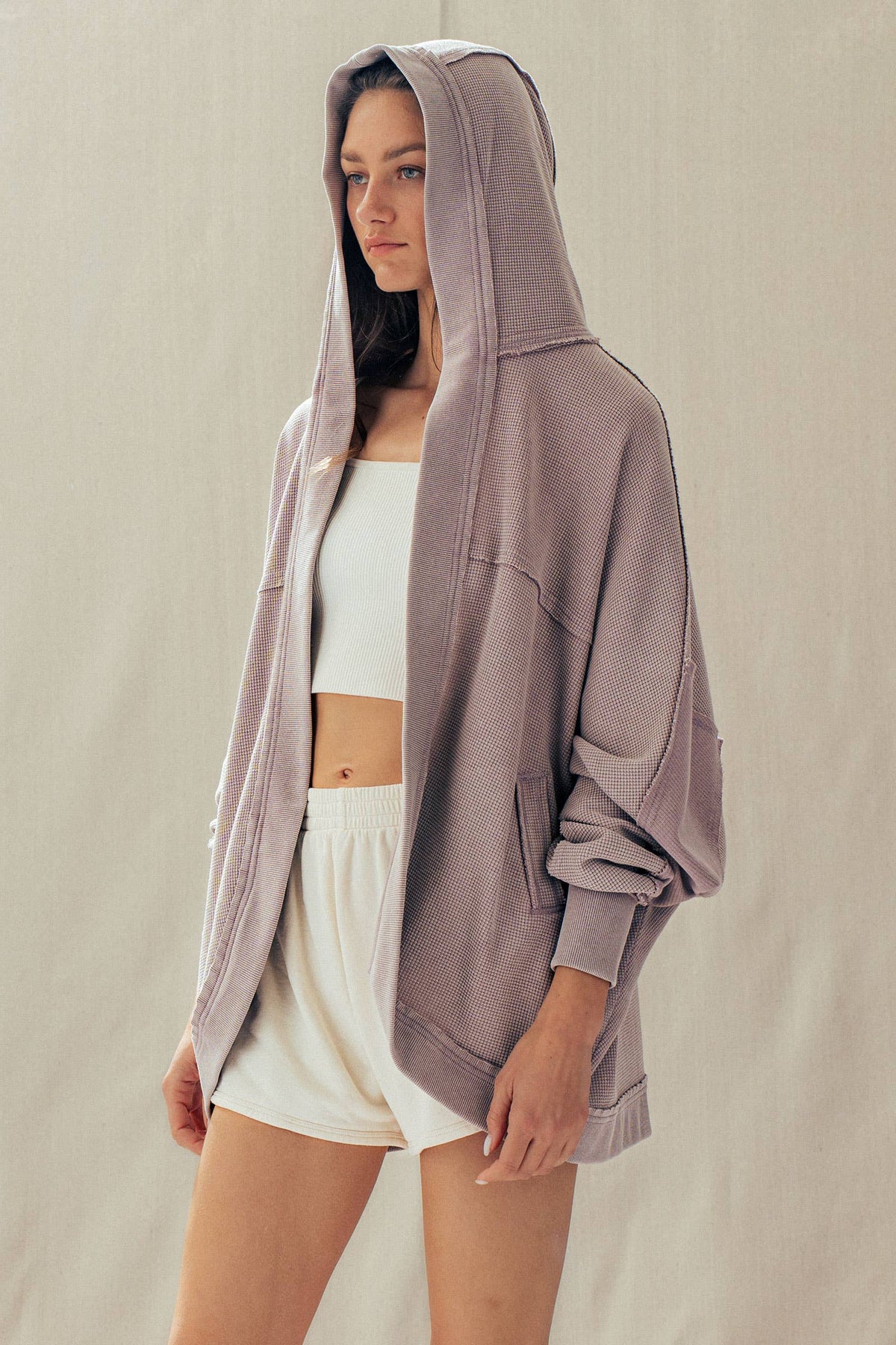 Waffle Knit Hooded Cardigan/Washed Lilac