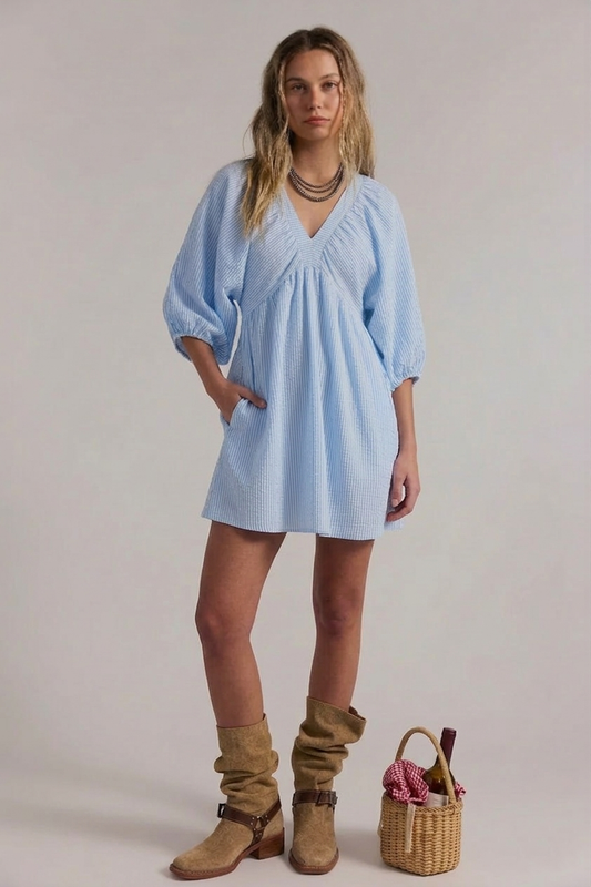 V-neck Lantern Babydoll Dress