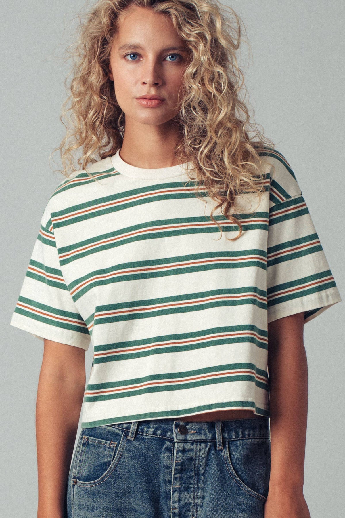 Vintage Striped Crop Tee/green & cream