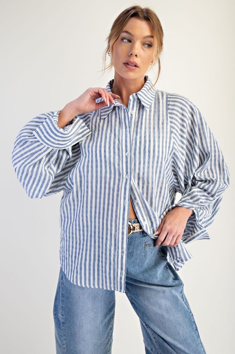Stripe Button Down Balloon Sleeve/Denim