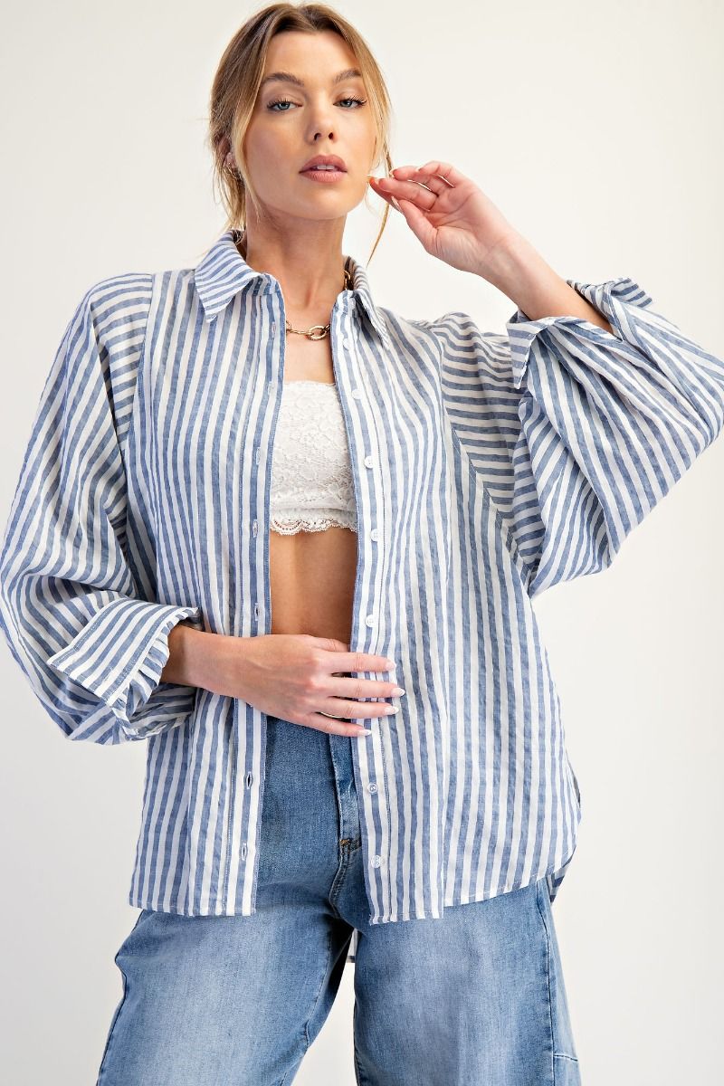 Stripe Button Down Balloon Sleeve/Denim
