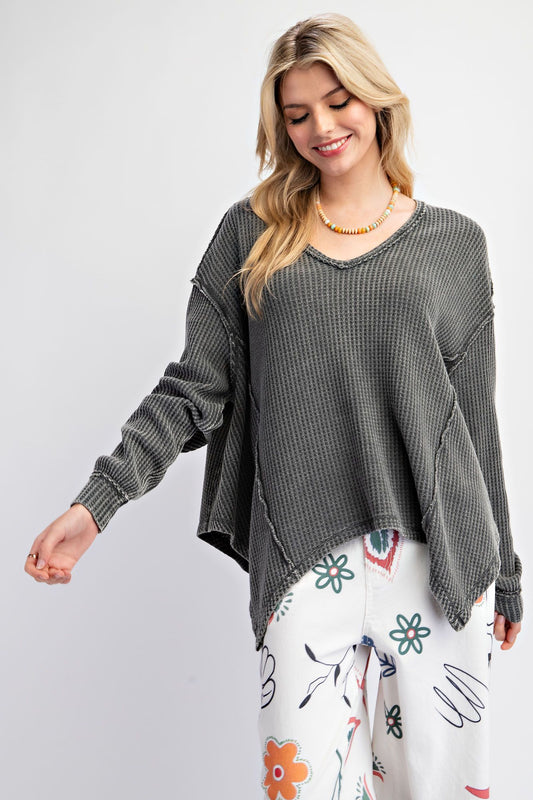 Waffle Knit Washed V-neck Pullover
