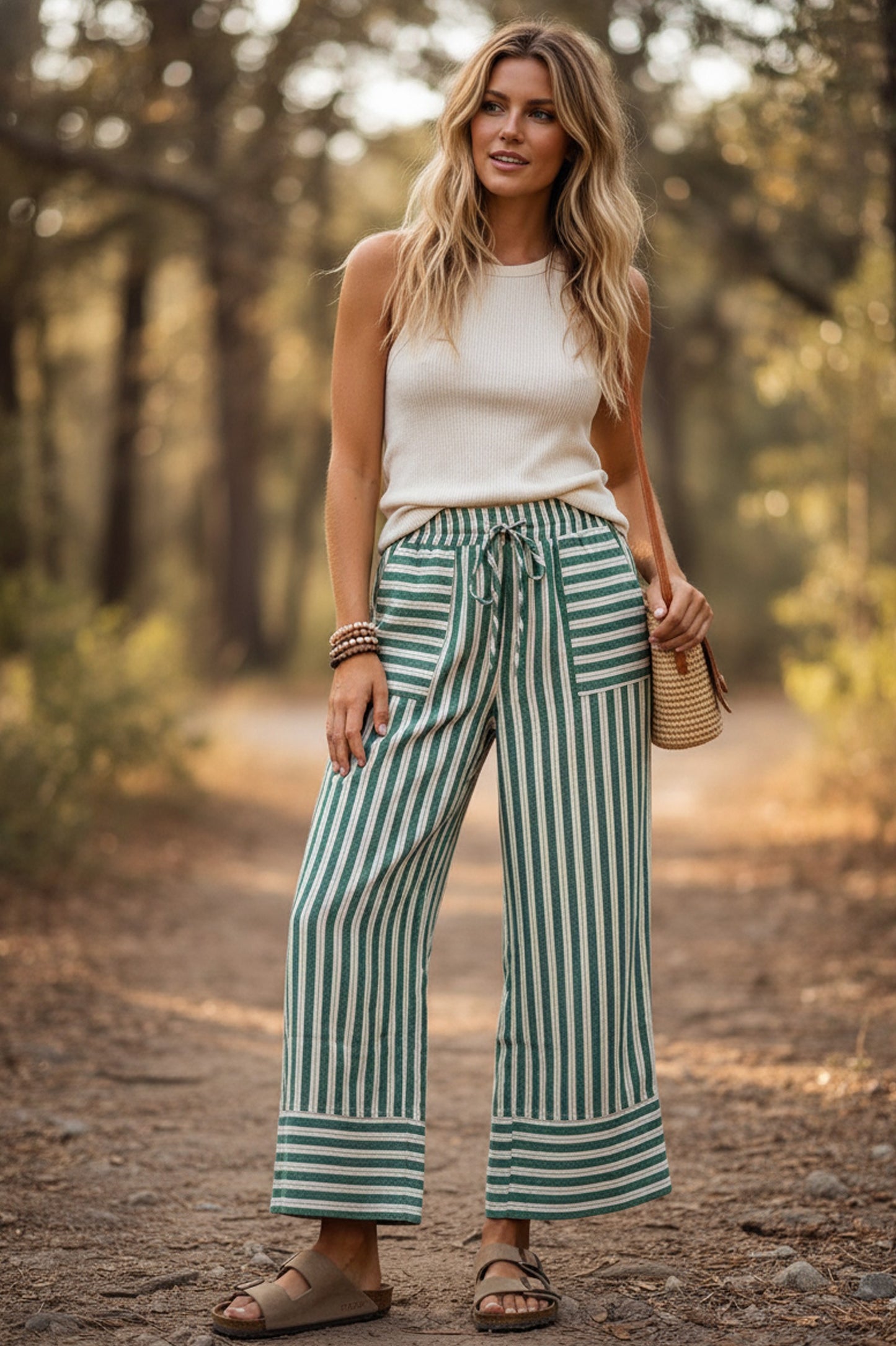 Woven Striped Wide Leg Pants/Green