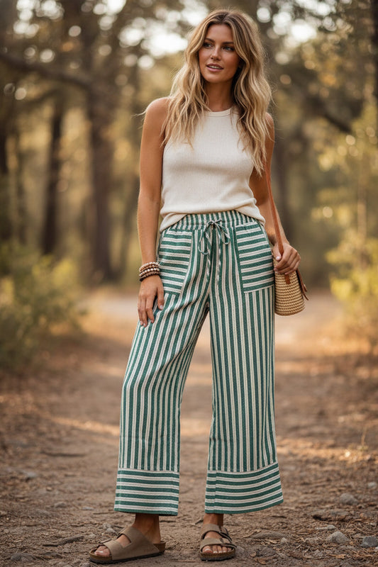 Woven Striped Wide Leg Pants/Green