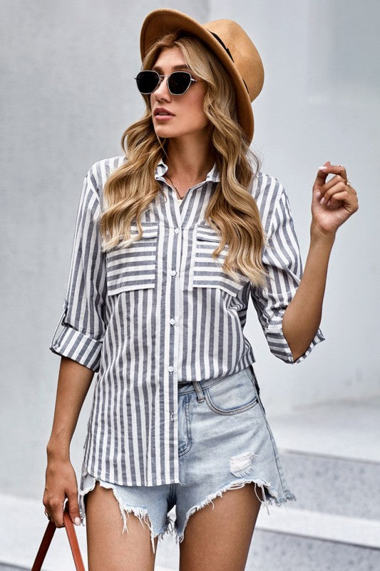 Stripe Linen Button Down/Charcoal