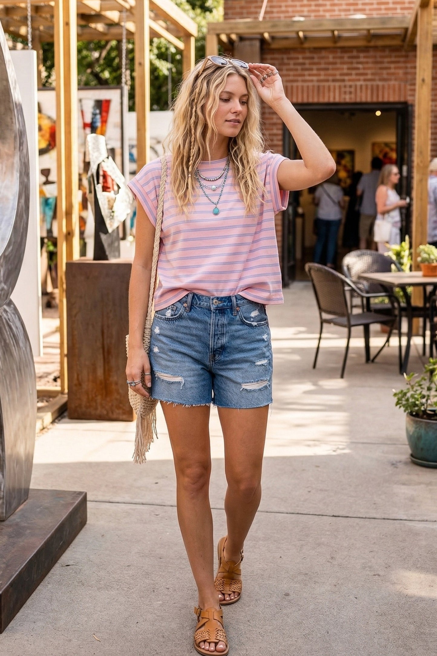Striped Cap Sleeve Top/pink&blue
