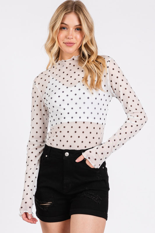 Polka Dot Mesh Top/White