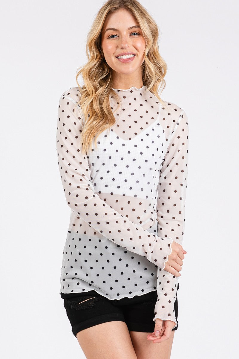 Polka Dot Mesh Top/White